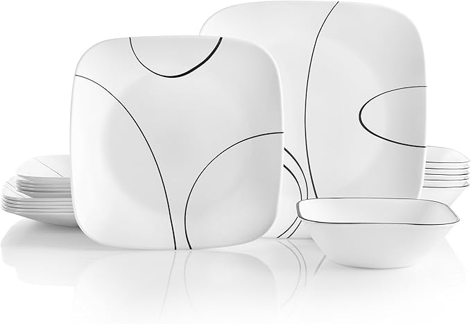 Corelle 18-Piece Service for 6 Chip Resistant Simple Lines Dinnerware Set &amp Square Pure White 1-Quart Bowl Set (2-Piece)