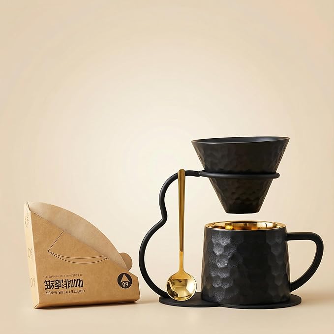 Pour Over Coffee Maker setCeramic Coffee Maker With V60 40 pcs Paper FilterMetal Stand 9oz 270ml mug Pour Over Coffee Dripper black