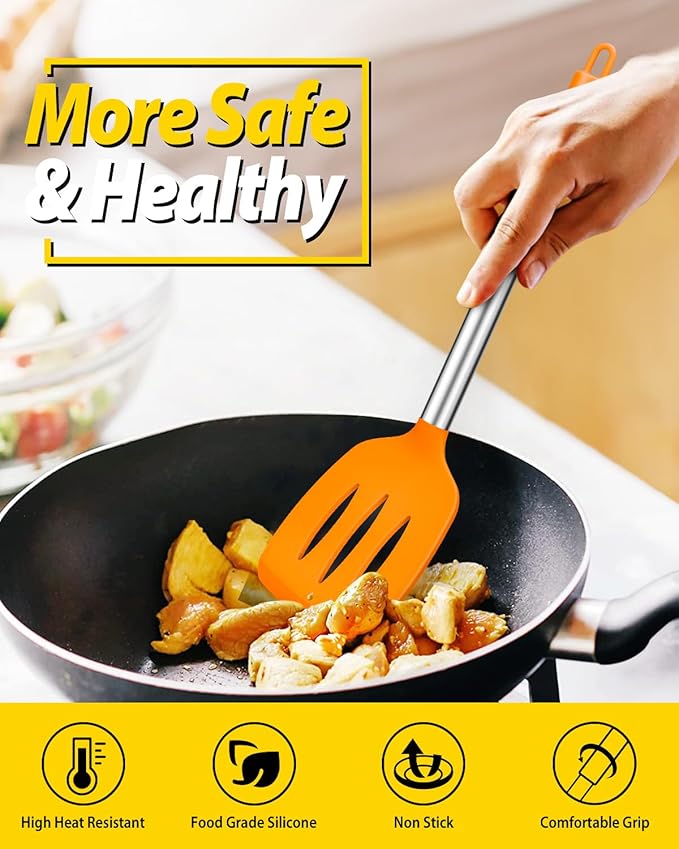 Pack of 4 Silicone Cooking Utensils Set Non Stick Large Solid Spatulas Heat Resistant Slotted Spoons Ideal BPA Free Kitchen Turners for Frying MixingServingDrainingTurningStirring (ORANGE)
