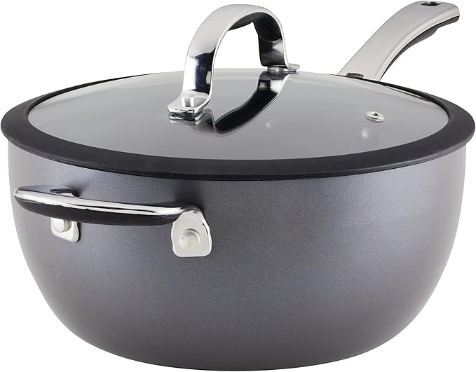 Rachael Ray Cook + Create Hard Anodized Nonstick Saucier Pan/Saucepan with Lid and Helper Handle 4.5 Quart - Black