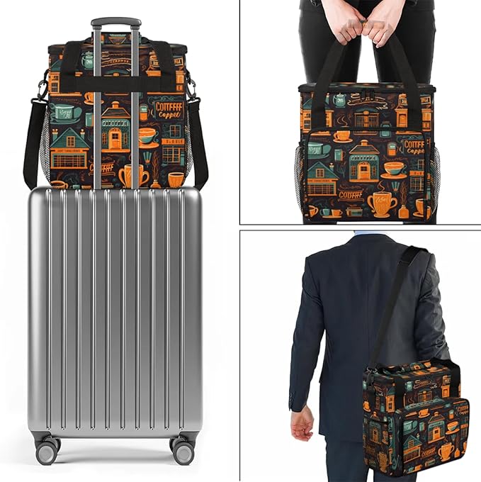 Cafe Life Themed Coffee Maker Travel Bag for Keurig K-Mini/K-Mini Plus Insulated Waterproof Tote with Pockets for K-Cup Portable Single-Serve Brewer Case