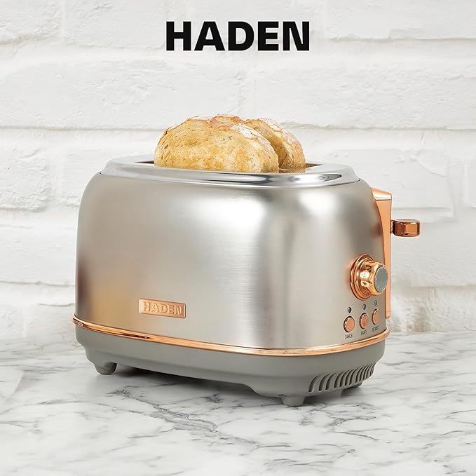 Haden Heritage 2 Slice Wide Slot Stainless Steel Toaster with Adjustable Browning Control &amp Non-Slip Feet Steel &amp Copper