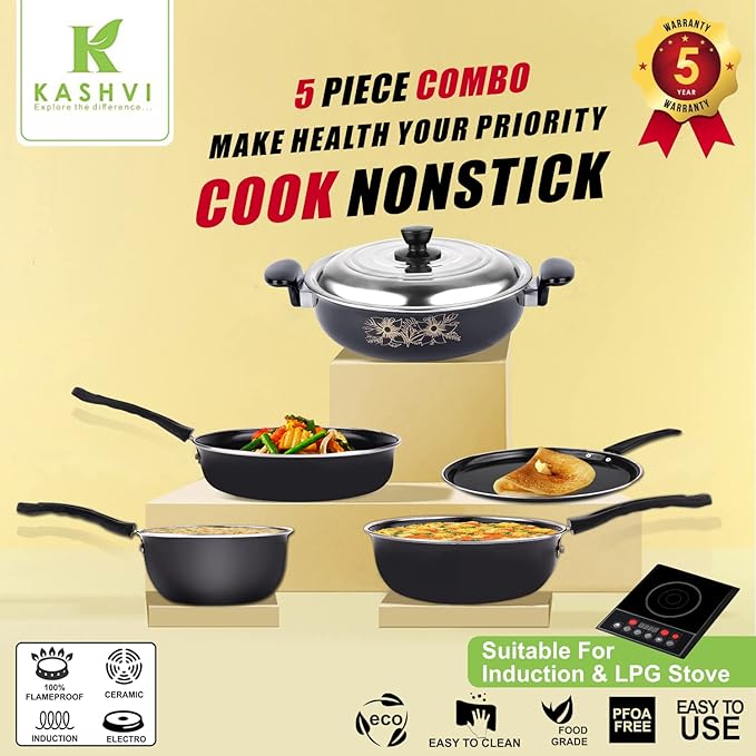 Kashvi Premium 6-Piece Non-Stick cookware Set for Daily Home Cooking Includes Fry pan Saucepan kadai with lid Small tadka tawa Kitchen Utensils.