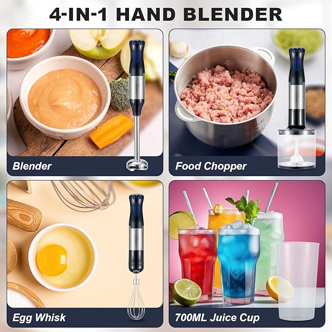 Immersion Blender 4 in 1 Hand Bender Max 1000W 5 Speeds &amp Turbo with Copper Motor Stainless Steel Blade Handheld Blender Stick Mixer with Egg Whisk 700ml Beaker &amp 500ml Chopper Bowl