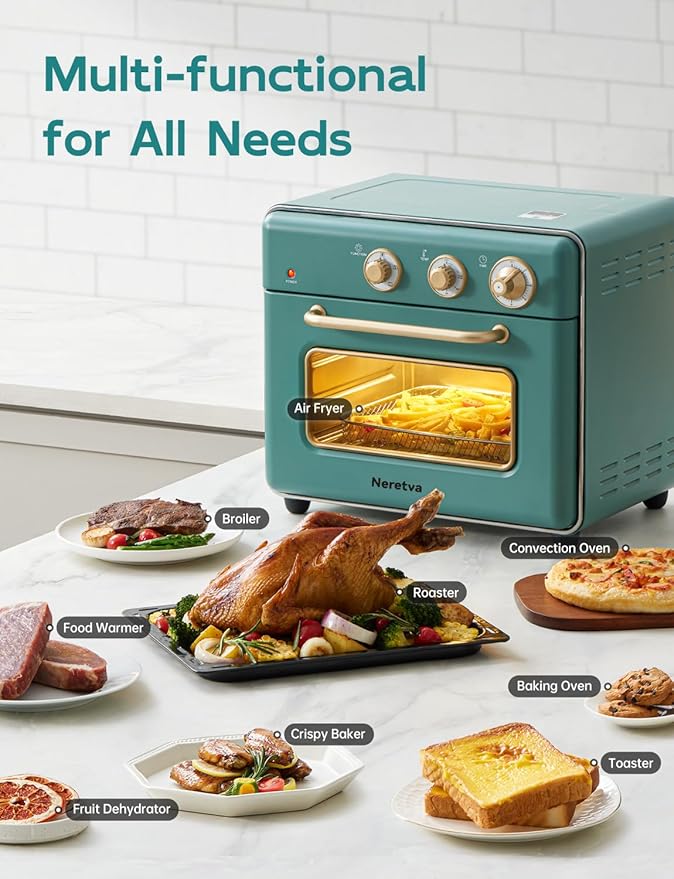 Neretva [21 QT&amp 6-in-1] Toaster Oven &amp Air Fryer Compact Toaster Ovens Countertop with 5 Slices 1500W Rapid Heat Air Fryer Toaster Oven Combo Stainless Steel for Bake/Toast/Broil/Air Fryer/De