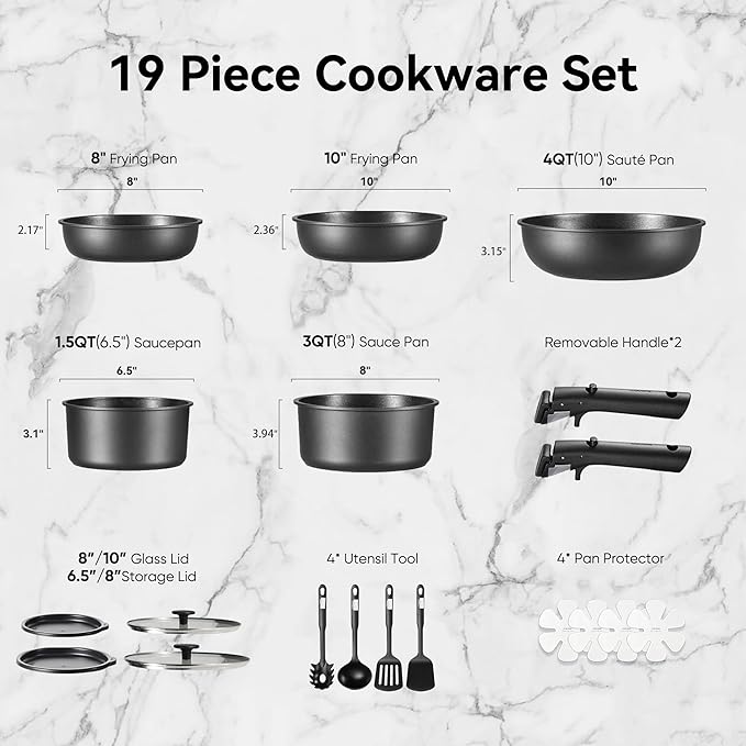 CAROTE 19Pcs Pots and Pans Set Non Stick Cookware Set Detachable Handle Nonstick Induction Kitchen Sets Non Stick with Removable Handle RV Cook Ware Oven Safe Black