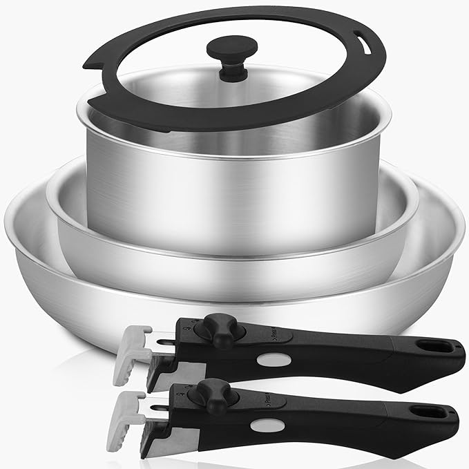 Inqibee Tri-Ply Stainless Steel Cookware Set with Detachable Handle Removable Handle Pots and Pans Set 6pcs Induction Kitchen Cooking Set for Home &amp RV Camping Dishwasher and Oven Safe