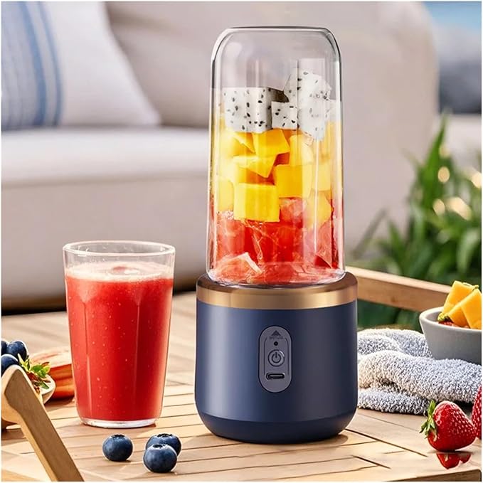 Portable Juicer Blender 400ml Electric Fruit Juicer USB Charging Lemon Orange Fruit Juicing Cup Smoothie Blender Machine 2cups(Blue with one lid)