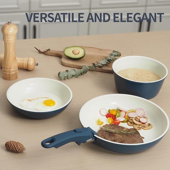 31pcs Ceramic Pots and Pans Set Nonstick Detachable Handle Cookware Induction Kitchen Cooking Set with Removable Handleinclude Frying Pans &amp Saucepans Oven Safe(Blue)