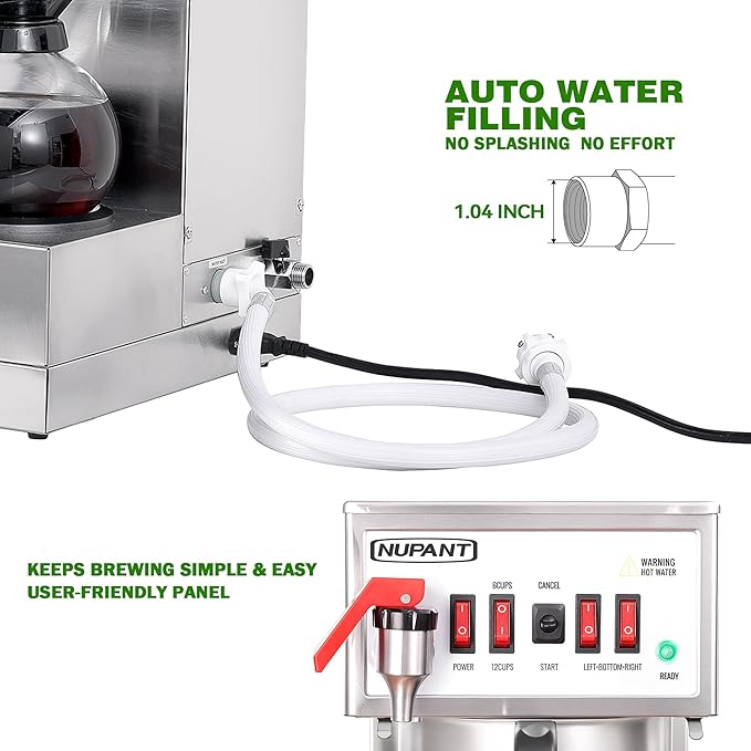 12 Cup Commercial Coffee Maker Auto Filling Drip Coffee Maker Machine with 3 Glass Carafes 3 Warmers Stainless Steel Pour Over Coffee Brewer with Hot Water Supply for Restaurant Office Cafe
