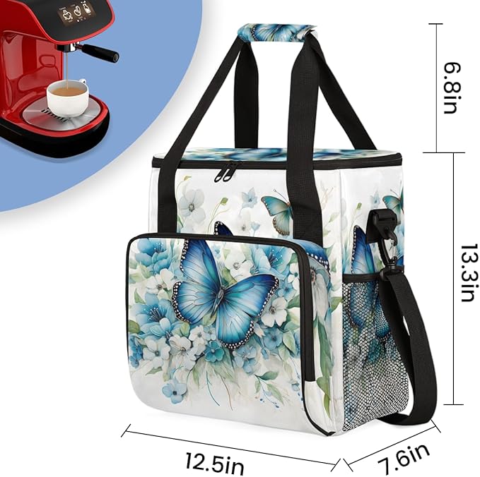 Flowers Butterfly Coffee Maker Carrying Bag Retro Butterfly Travel Storage Bag Compatible with K-Mini or K-Mini Plus Single Serve Coffee Brewer Carrying Case with Multiple Pockets &amp Shoulder Str