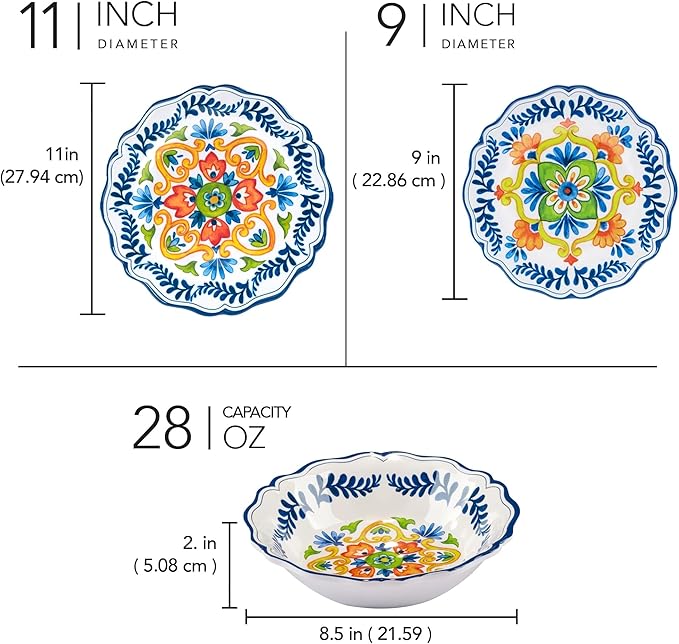 12-Piece Dinnerware Set Service for 4 Blue Green Yellow Floral Modern Contemporary Round 12 Piece Dishwasher Safe