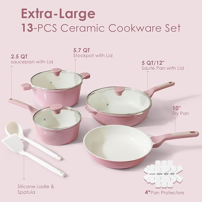 SENSARTE Nonstick Ceramic Cookware Set Large 13-Piece Healthy Pots and Pans Set Dishwasher Safe Non-toxic Kitchen Cooking Set with Stay-Cool Handles Induction Compatible PFAS Free Green