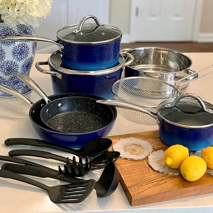 MAISON ARTS Kitchen Cookware Sets - 15 Piece Nonstick Pots and Pans Sets with Granite Hammered for Induction &amp Dishwasher Safe Oven Stovetop Blue