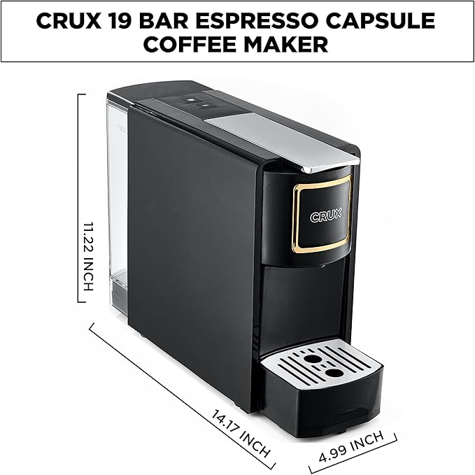 Crux Espresso Machine for Nespresso Pods - Programmable Coffee Brewer Capsule Compatible with Large Removable Water Tank and Drip Tray Black and Copper