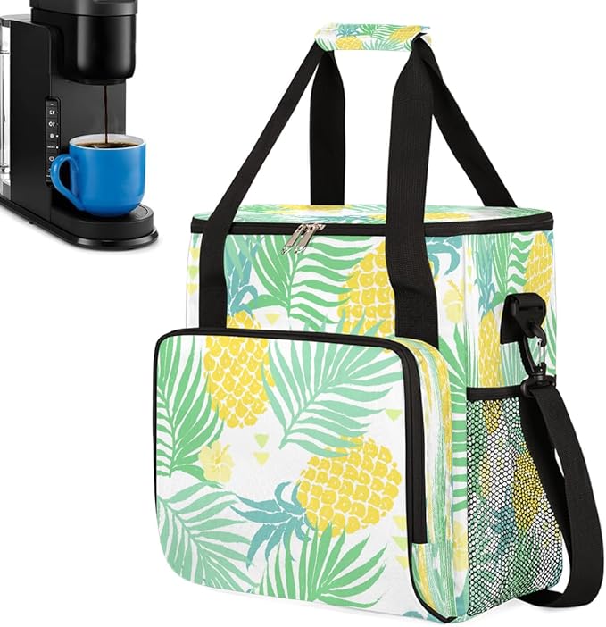 Pineapple Palm Leaves Summer Coffee Maker Carring Bag Travel Carrying Storage Tote Bag Compatible with Keurig K-Mini or K-Mini Plus Portable Single Serve Coffee Brewer Case with Pockets