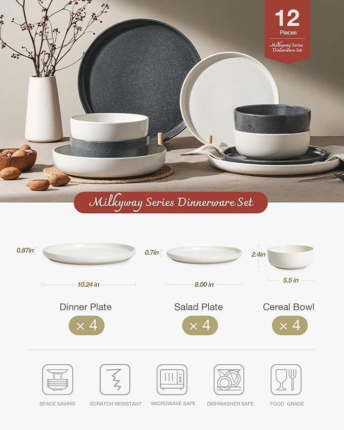 Famiware Milkyway Plates and Bowls Sets 12 Pieces Dinnerware Sets Reactive Glaze Dish Set Stoneware Dishes Set for 4 Matte Beige White &amp Matte Dark Charcoal