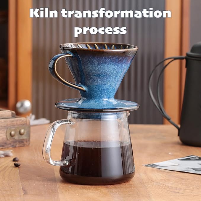 Ceramic Coffee Dripper Filter 60 Angle Tapered 02-4Cup Pour Over Coffee Ceramic Hand Brew Outdoor Cup Retro Filter Set Reusable Portable Coffee Maker (2/4 People Large - Sky Blue)