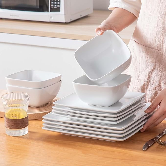 vancasso Soho Dinnerware Sets 12 Pieces White Stoneware Square Place Setting Dinner Plate Dessert Plate Bowls Service for 4