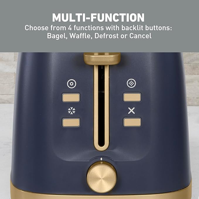 West Bend Timeless 2-Slice Toaster with 7 Browning Levels Bagel/Waffle/Defrost Settings High-Lift Lever Anti-Jam Easy-Clean Crumb Tray 2-Slice Blue/Gold