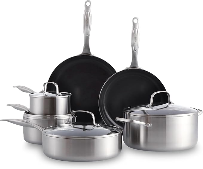 GreenPan TriClad Tri-Ply Stainless Steel Healthy Ceramic Nonstick 10 Piece Cookware Pots and Pans Set Frypan Saucepan Saute Pan CasseroleLids Induction Suitable PFAS-Free Dishwasher and Oven Safe