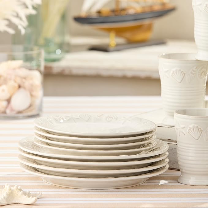 Coastline Cream 16-Piece Stoneware DINNERWARE SETSERVICE for 4 with embossed coastal shells and starfish detailing durable beach house tableware for relaxed coastal living and everyday dining