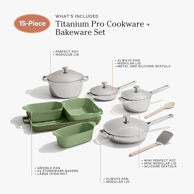 Our Place 15-Piece Titanium Pro Cookware &amp Bakeware Set | Tri-Ply Titanium &amp Stainless Steel Nonstick Fry Pans &amp Pots | Ceramic Nonstick Bakers &amp Griddle Pan | Non-toxic PFAS-Free | S