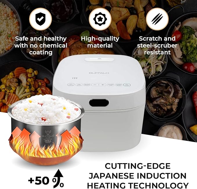 Buffalo SMART COOKER Induction Heating IH Rice Cooker and Warmer 1 L 5 cups of rice Non-Coating inner pot Efficient Multiple function White (5 cups)