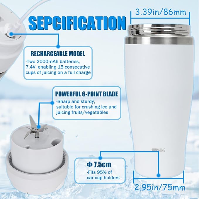 Ice Shave 2-in-1 Stainless Steel Vacuum Tumbler &amp Cordless Blender - 28oz Leak Resistant Cold 24Hrs/Ice 2 Days 120 Watts with Waterproof Charging - For Smoothies Home/Office/Car White