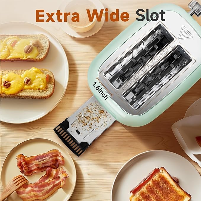 Aigostar Toaster 2 Slice Retro Toaster Stainless Steel 1.6 inch Extra Wide Slots Bread Toaster Bagel Cancel Defrost Function 6 Shade Settings &amp Removable Crumb Tray for Bread Waffle Aqua Gree