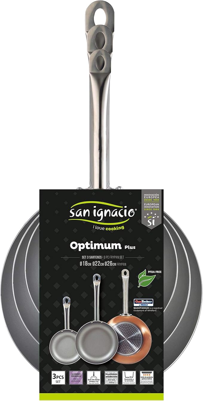 San Ignacio Set of 3 Frying Pans (18.22 cm) Pressed Aluminium Suitable for Induction Optimum Plus
