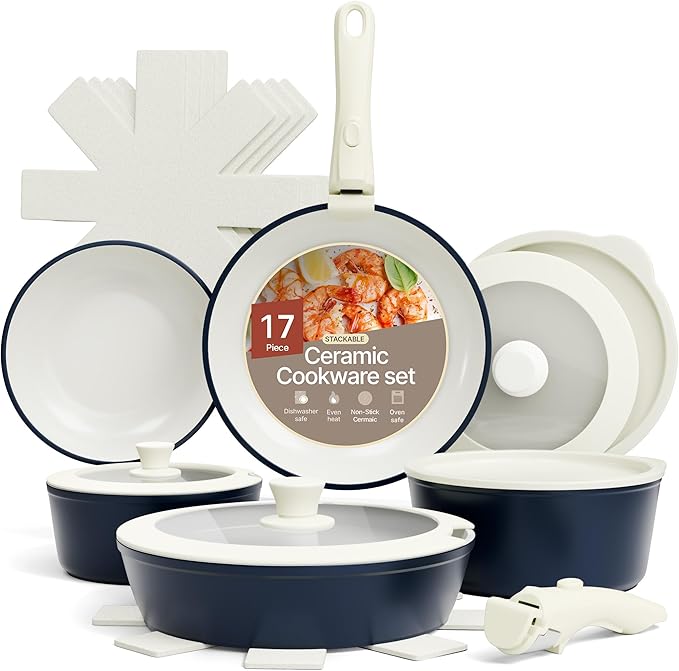 Bakken 17-Piece Ceramic Coated Aluminum Cookware Set Nonstick Pots and Pans with Lids Silicone Cooking Utensils &amp Oven Mitts All Stovetop Safe Up To 500°F PTFE &amp PFAS Free Dishwasher Safe