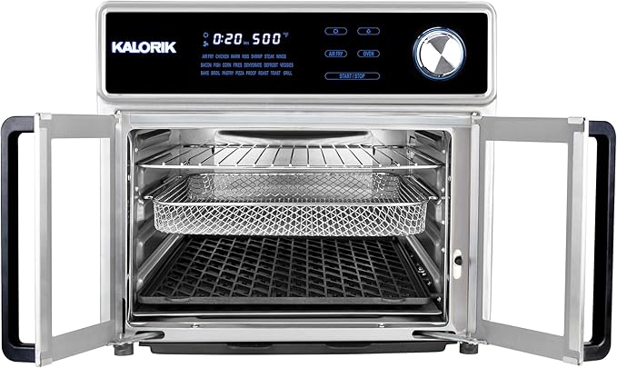 Kalorik Air Fryer Oven Grill MAXX Series 26-Quart with Smokeless Sear Technology Digital Controls Easy-View Door and 22 Smart Cooking Presets Includes Cooking Accessories 1700-Watts Stainless Steel