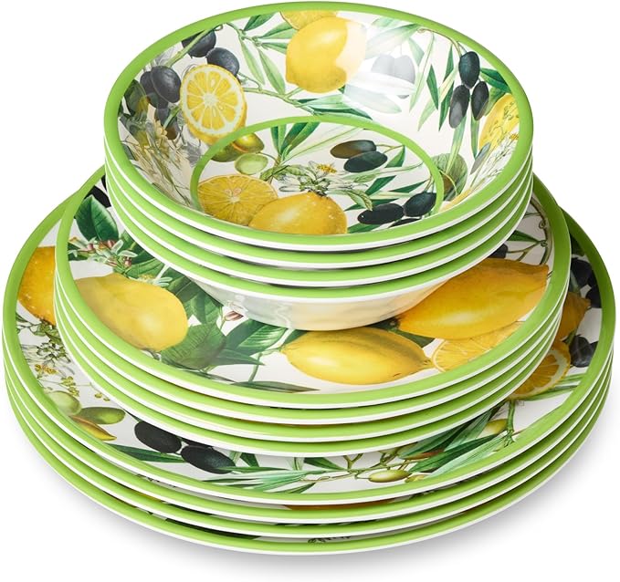 Limone 12-Piece Melamine Dinnerware Set - Citrus-Inspired Service for 4 Durable Shatterproof Dishwasher-Safe Plates and Bowls for Everyday Dining Outdoor Use and Entertaining