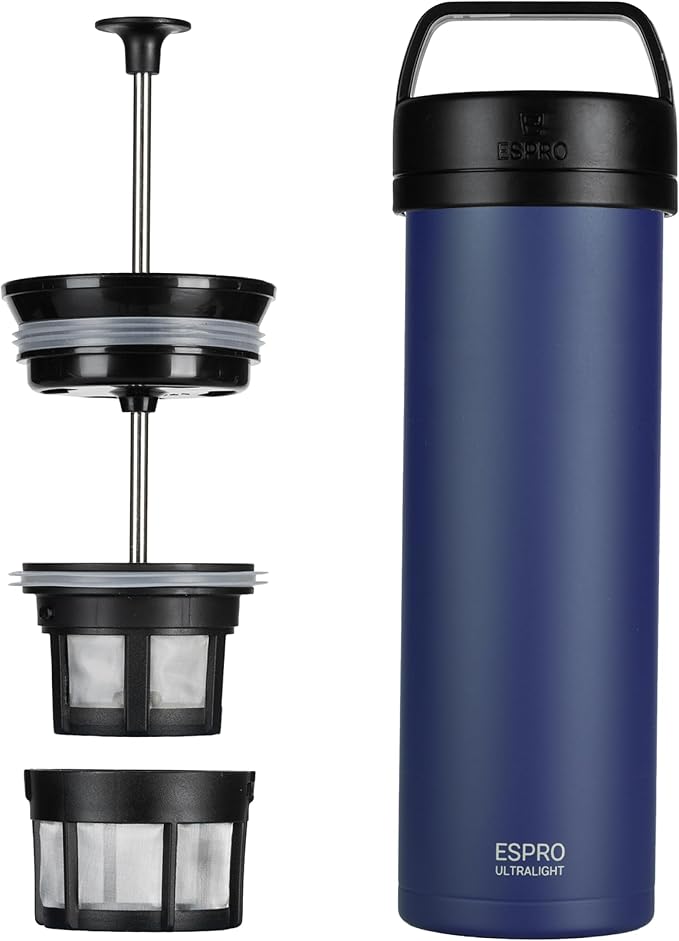 ESPRO P0 Ultralight French Press Coffee Maker for Travel Vacuum Insulated Stainless Steel 16 Ounces Aegean Blue