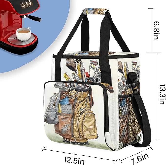 Golf Themed Coffee Maker Carring Bag Large Insulated Storage Organizer Case Tote Bags with Shoulder Strap for Travel Work Picnic