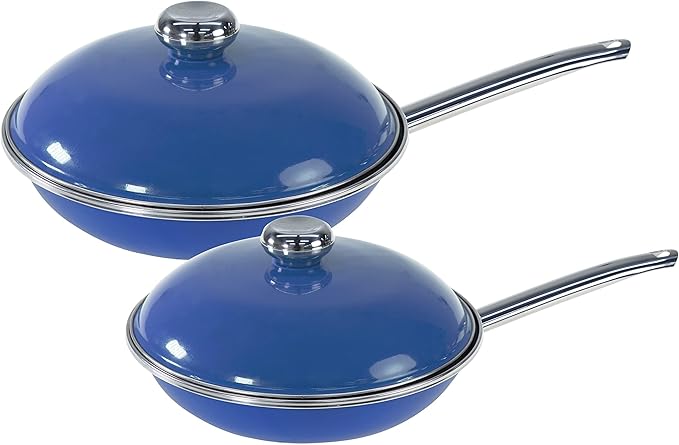 VITA 4-Piece Skillet Set with Lids Blue Enamel on Steel Dishwasher &amp Oven Safe up to 350? Quick &amp Even Heat Distribution Non Stick Scratch Resistant High Gloss