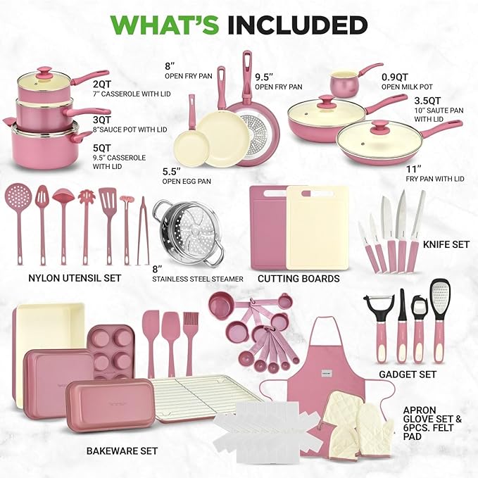 54-Piece Kitchen Cookware Set – Complete Non-Stick Ceramic Pots and Pans Set with Utensils Bakeware and Knife Set Gas Electric &amp Induction Compatible Blush Pink Kitchen Essentials
