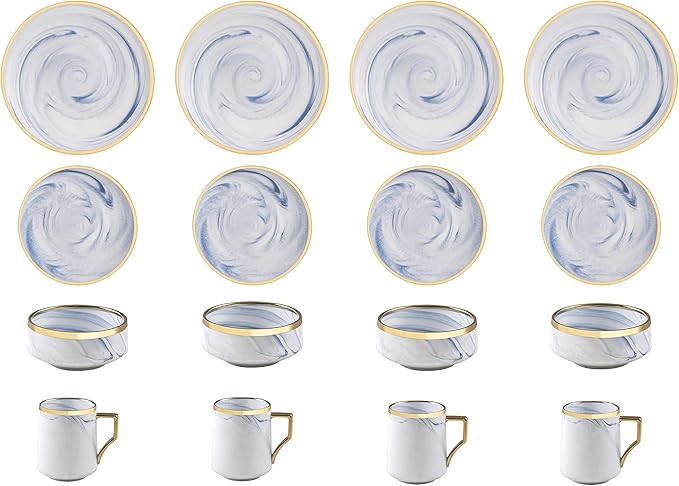 Fine China Artisan Marbled 16pc Dinner Set Blue with Gold