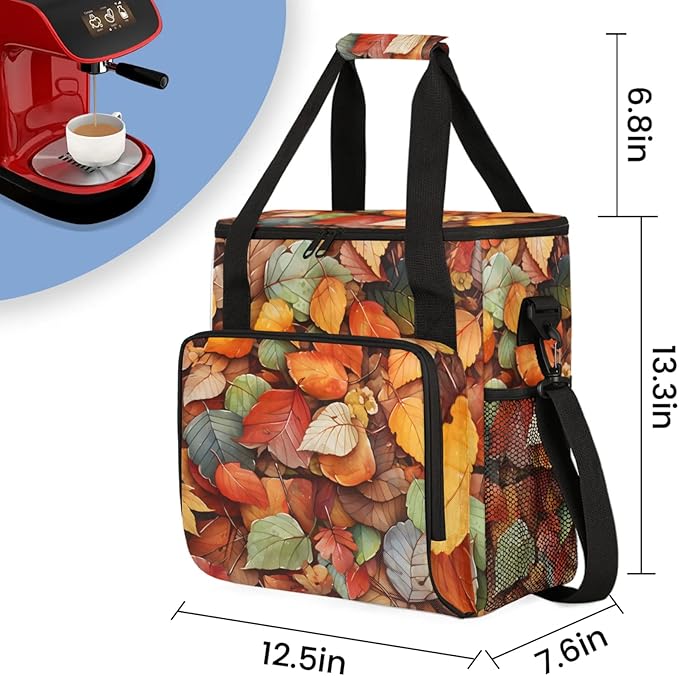Falling Leaves Coffee Maker Travel Bag for Keurig K-Mini/K-Mini Plus Insulated Waterproof Tote with Pockets for K-Cup Portable Single-Serve Brewer Case