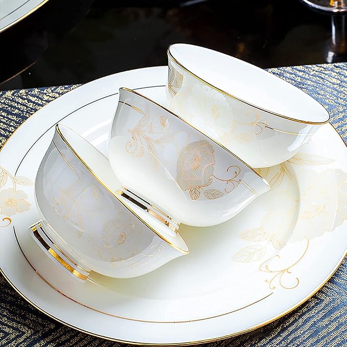 70 Pieces Dinnerware Set for 10White Porcelain Kitchen Bone China Dinner Combi-Set with Cereal Bowls Dessert Plates Dishes and Soup Plates Dinner Plates and Soup Pot with Gold Ri