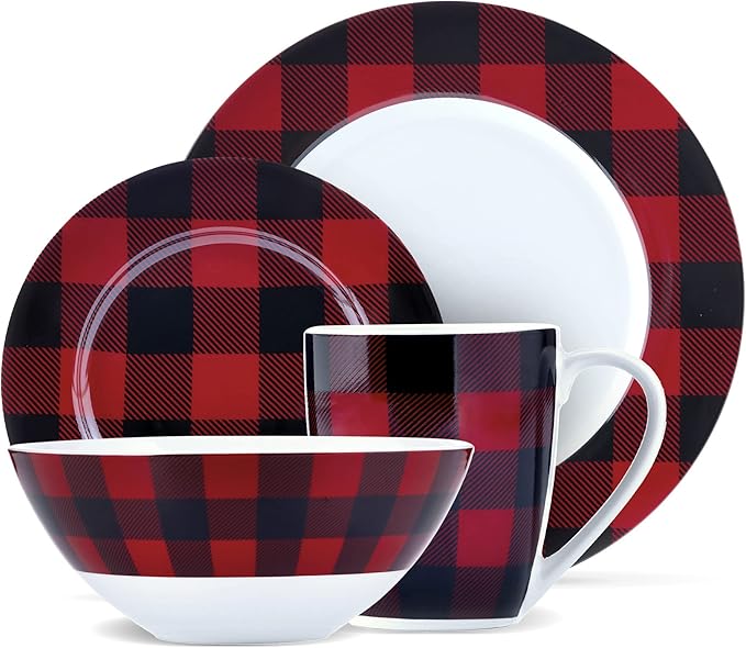 Safdie &amp Co. 16-Piece Red Black Plaid Dinnerware Set Porcelain Includes Bowls Plates and Mugs Dishwasher Safe