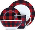 Safdie &amp Co. 16-Piece Red Black Plaid Dinnerware Set Porcelain Includes Bowls Plates and Mugs Dishwasher Safe