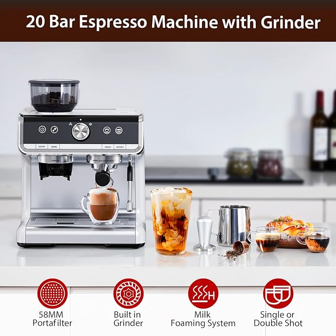 Stainless Steel Espresso Machine with Grinder &amp 20 Bar Pressure 2.8L Removable Water Tank Milk Frother Steam Wand for Latte/Cappuccino - Adjustable Shot Volume Professional Home/Office Use