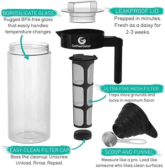 Coffee Gator 47oz Cold Brew Coffee Maker &amp 16oz Stainless Steel Coffee Canister Set - Ideal Coffee Lovers Gifts for Her