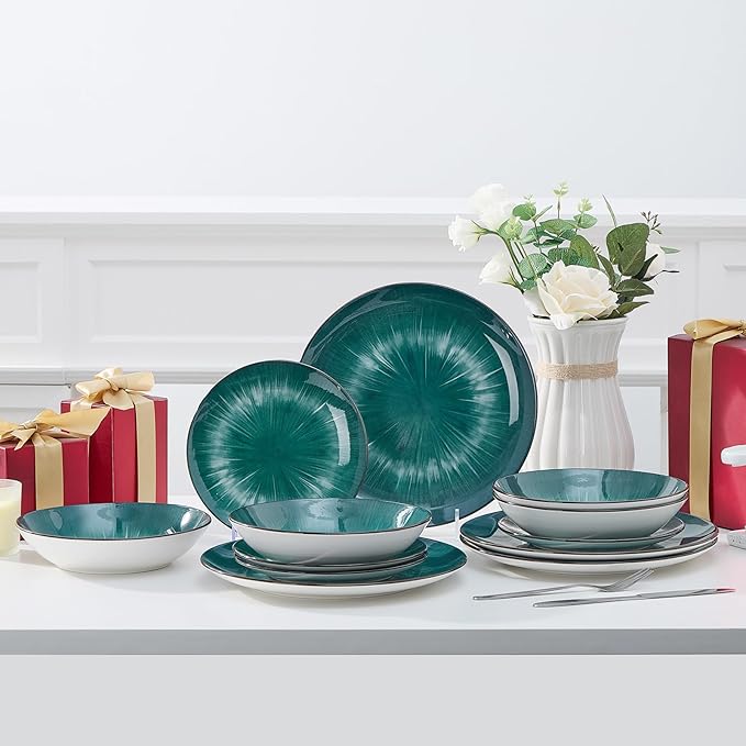 Bestone Porcelain Dinnerware Sets Service for 4 12 pcs Hand drawn Plates and Bowls Sets Handmade Ceramic Dish Set Chip Resistant Modern Plate Set Dishwasher/Microwave SafeStarburst Green