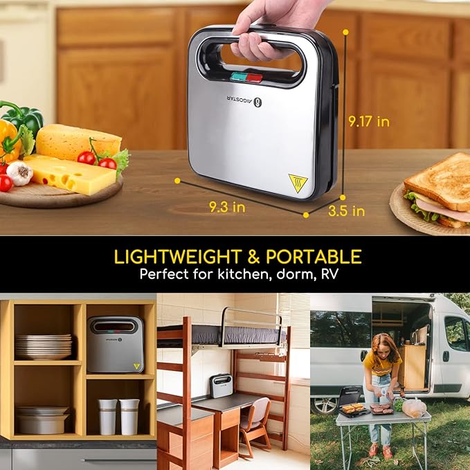 Aigostar Sandwich Maker Non-Stick Panini Press Sandwich Maker Breakfast Grilled Cheese Maker Stainless Steel Tostadora de Pan Toaster 4 Slice Wide Slot Toasters with Bagel Reheat Cancel