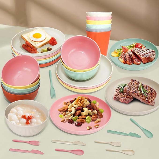 36 pcs Wheat Straw Dinnerware Sets DAPIPIK Unbreakable Reusable Dinnerware Set Lightweight Camping Plates Cups and Bowls Set. Dishwasher Microwave Safe Dinnerware