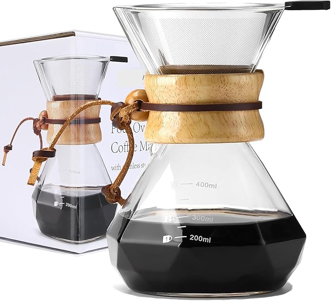 Pour Over Coffee Maker with Reusable Stainless Steel Filter Borosilicate Glass Coffee Jug Wood Collar Coffee Infuser Holds 2 Cups 13.5oz/400ml Clear