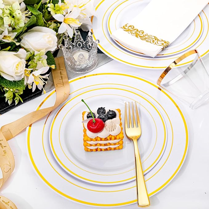 I00000 60 Pieces Gold Plastic Plates Heavy Duty White and Gold Plastic Plates for 30 Guests Include: 30 Gold Rim Dinner Plates and 30 Gold Dessert Plates Perfect for Wedding &amp Party